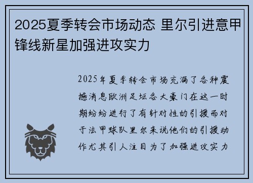 2025夏季转会市场动态 里尔引进意甲锋线新星加强进攻实力