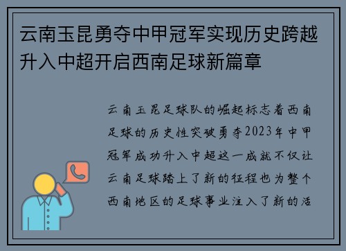 云南玉昆勇夺中甲冠军实现历史跨越升入中超开启西南足球新篇章 云南玉昆勇夺中甲冠军实现历史跨越升入中超开启西南足球新篇章