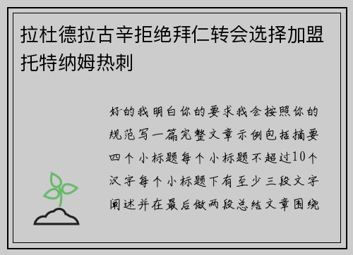 拉杜德拉古辛拒绝拜仁转会选择加盟托特纳姆热刺